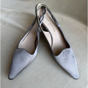 BrandNew Louis Vuitton 37.5 Slingback Kitten Heels Grey Silk Satin Leather Shoes